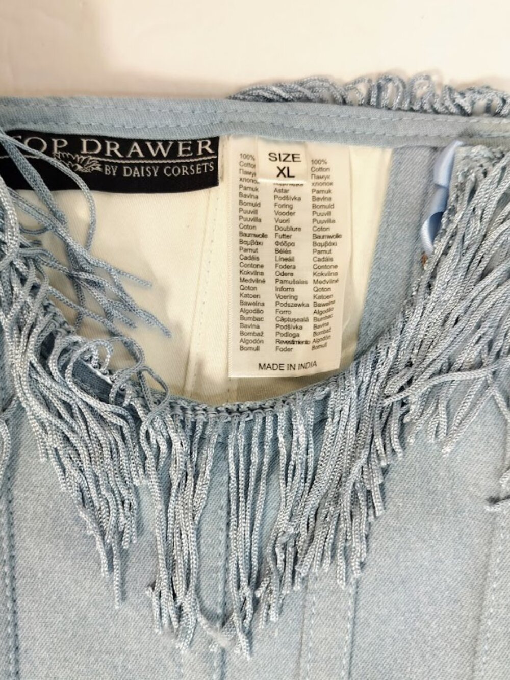 Top Drawer Steel Boned Denim Underwire Underbust Corset Cincher w/Fringe XL - Picture 6 of 7